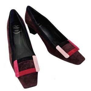 ROGER VIVIER BURGUNDY BELLE COLORBLOCK SUEDE PUMPS (39)